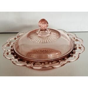 Vtg Old Colony Pink Open Lace Glass covered dish 1930 Anchor Hocking